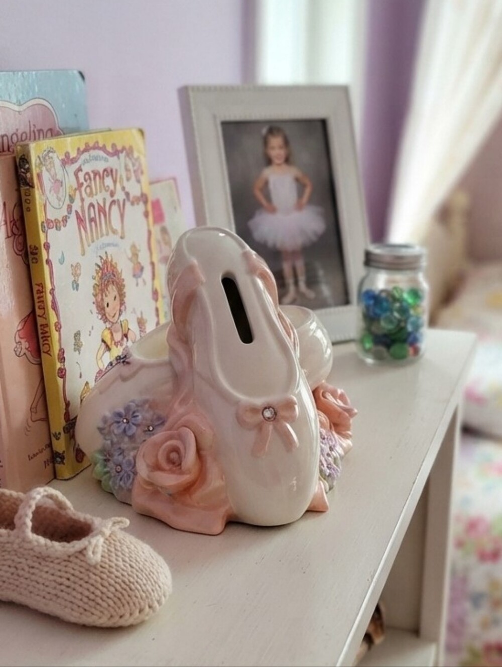 RUSS Porcelain Glass Ballet Shoes Coin Bank with Floral Accents/Glitter Gems